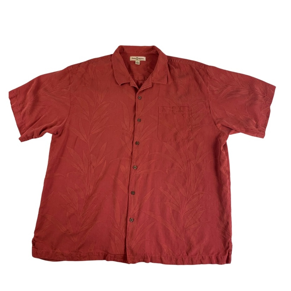 Tommy Bahama Men 100% Silk Camp Shirt XL Maroon Red Palm Leaf Hawaiian Jacquard